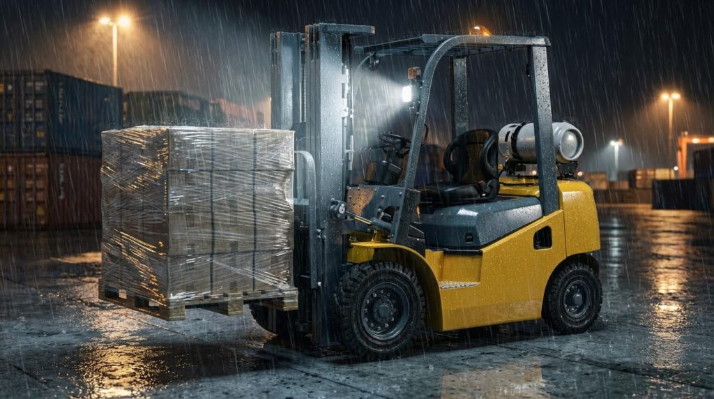 A yellow gas forklift with an open cab operates during a heavy nighttime rainstorm in a shipping yard. Its powerful work light illuminates a large, shrink-wrapped pallet being lifted, showcasing the machine's reliability and all-weather capability for continuous logistics operations.