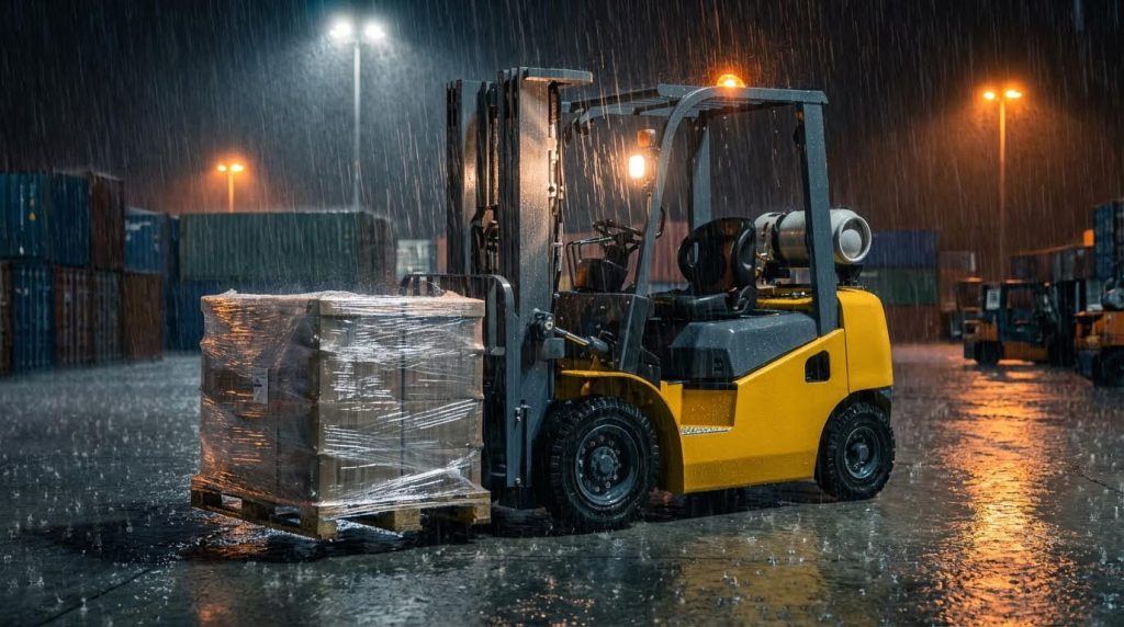 A robust yellow gas forklift is parked on the wet asphalt of a container port during a rainy night. The machine, equipped with a rear-mounted gas tank, is ready to move a securely wrapped pallet, demonstrating its essential role in outdoor logistics.