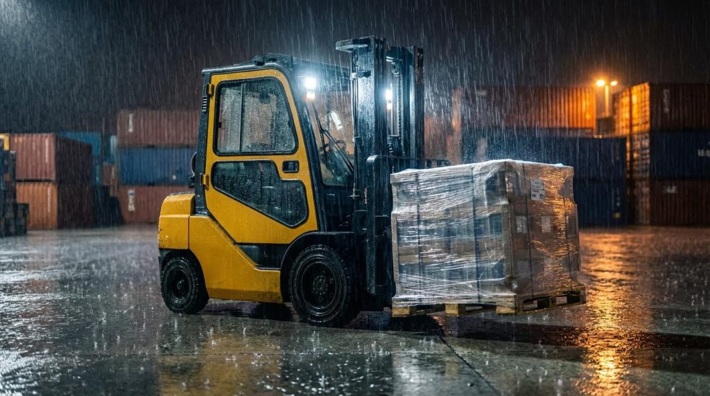 A heavy-duty yellow gas forklift featuring an enclosed cabin works through a torrential downpour at a logistics hub at night. Its bright headlights cut through the rain, illuminating a nearby shrink-wrapped pallet, underscoring its durability for 24/7 port operations.