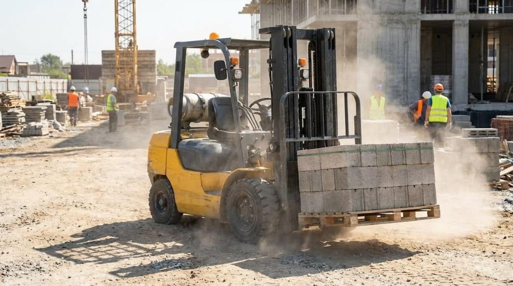 A powerful yellow gas forklift kicks up a large cloud of dust as it transports a heavy pallet of concrete blocks across a rugged, undeveloped construction site. Workers and a building under construction are visible in the background, highlighting its essential role in moving materials.