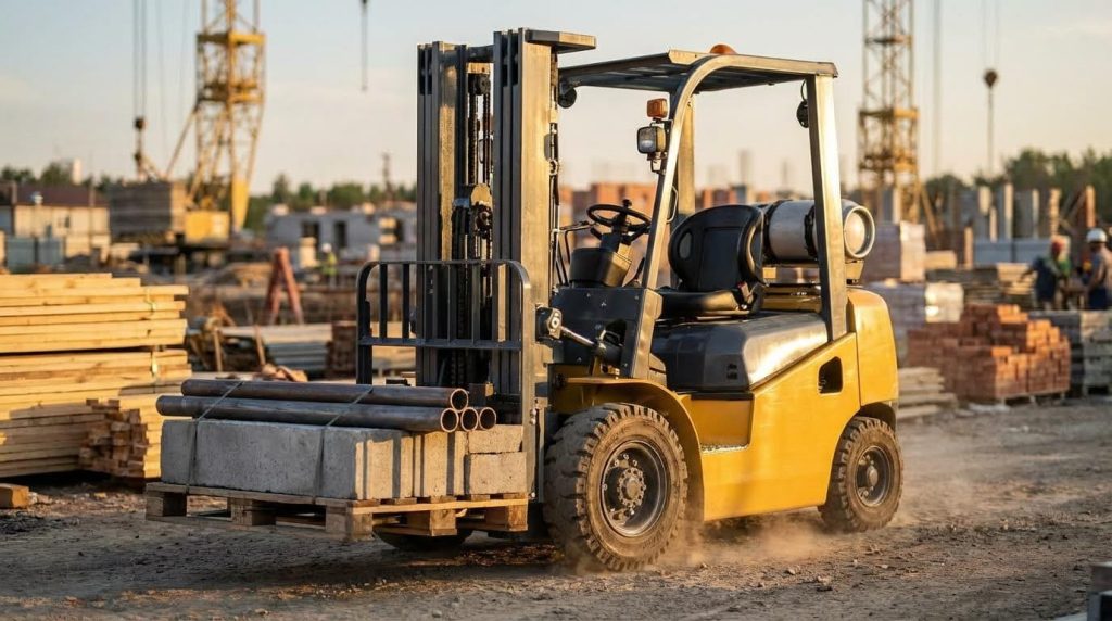 A reliable yellow gas forklift, with a visible rear-mounted gas tank, carefully transports a pallet loaded with concrete pipes across a bustling construction yard. The background is filled with cranes and stacks of building materials, showcasing its versatility in a complex worksite.