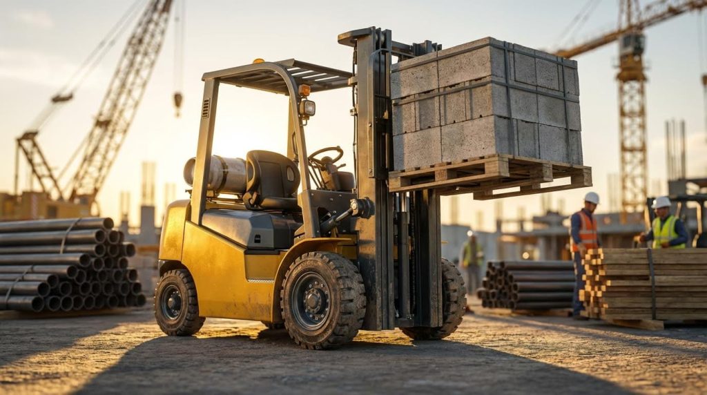 Backlit by a stunning sunset, a yellow gas forklift lifts a heavy pallet of concrete blocks high against the sky at a large construction site. The silhouette of cranes and a building frame in the background emphasizes its critical lifting role during all hours of operation.