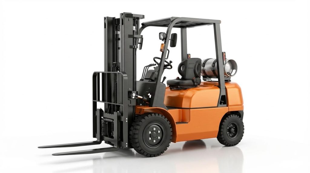 A certified female driver wearing a yellow hard hat operates a yellow gas forklift within a spacious warehouse, navigating between tall shelves stacked high with cardboard boxes and palletized goods.