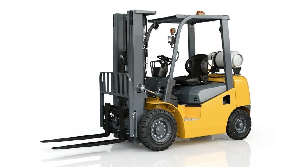 A high-quality studio image of a compact orange gas forklift on a white background, showcasing its sturdy construction, operator cabin, and rear-mounted propane tank for powerful material handling.