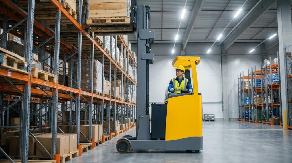 A focused warehouse worker operates a yellow high reach forklift, extending its tall mast to carefully place a wooden pallet onto a high-level storage rack. This action demonstrates the machine's precision and impressive vertical lifting capability in a well-organized logistics center.