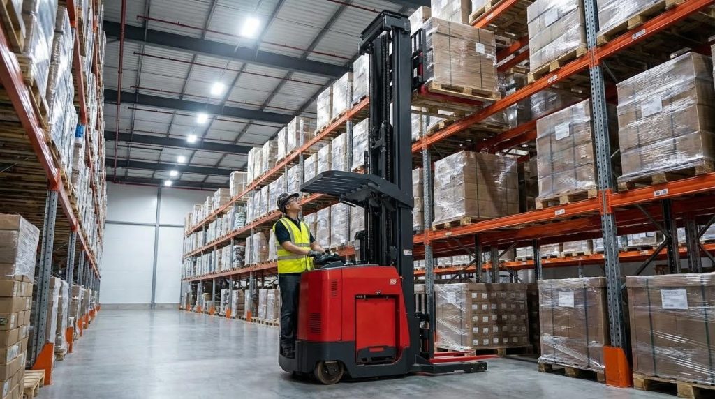 A female operator in a safety vest carefully maneuvers a red high reach forklift, looking up to align the forks with a high storage bay. The tall, multi-stage mast is partially extended, highlighting its essential role in vertical space utilization.