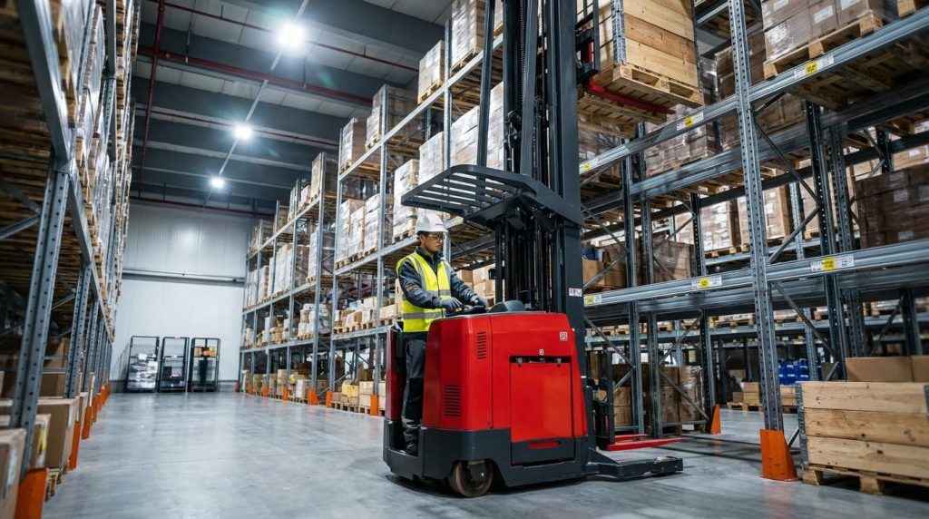 In a bustling warehouse, an operator uses a red high reach forklift to lift a pallet of goods with its mast extended high. The scene captures the dynamic environment where these specialized forklifts are crucial for accessing inventory on multi-level shelving.
