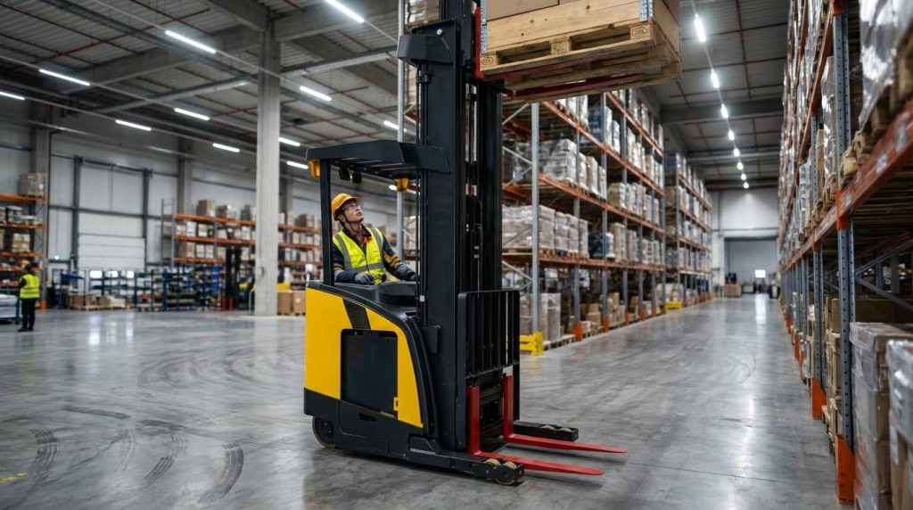 A yellow high reach forklift with distinctive red forks is shown in action, lifting an empty wooden pallet towards the top of towering industrial racks. This front-on view clearly illustrates the machine's extended mast and its primary function of high-level stacking.