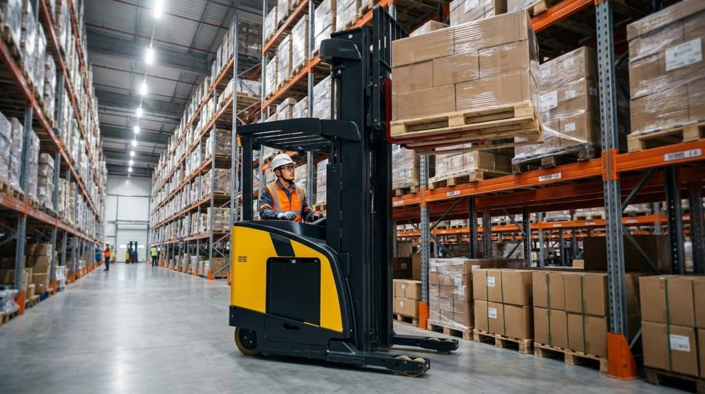 A side profile view shows an operator skillfully using a yellow high reach forklift to slide a pallet of shrink-wrapped boxes onto a high shelf. This demonstrates the machine's precision and maneuverability within the tight confines of a very narrow warehouse aisle.