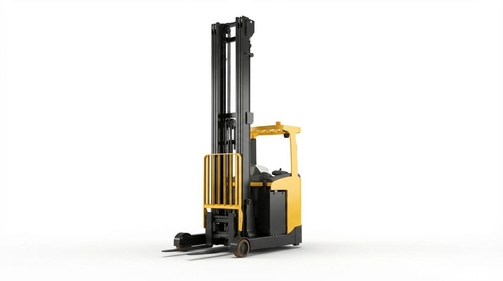 A professional studio photograph of a modern yellow and black high reach forklift, isolated on a clean white background. This image provides a clear, detailed view of its specialized design, including the tall extendable mast, operator cabin, and stabilizing base.
