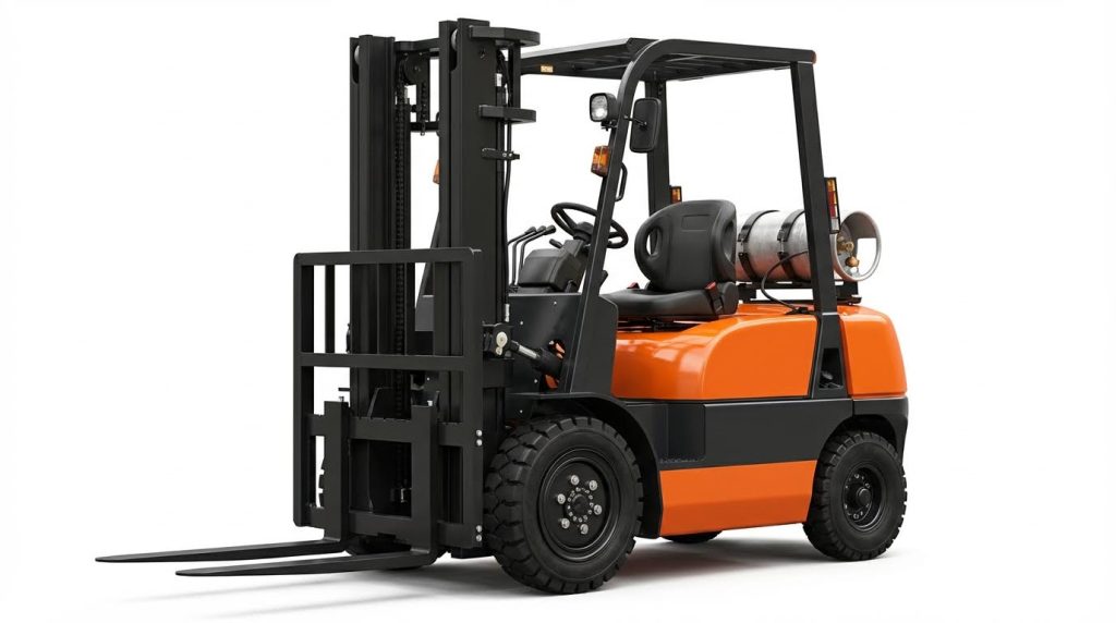 A male warehouse professional in a yellow hard hat and blue uniform sits at the controls of an orange LPG forklift, looking ahead as he operates the machinery in a brightly lit, spacious logistics facility filled with inventory.