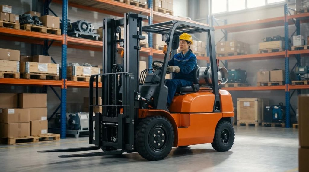 A female operator pilots a yellow LPG forklift inside a large warehouse near a sunlit open bay door, with light streaming in. Another worker is seen in the background, highlighting a dynamic loading dock environment.