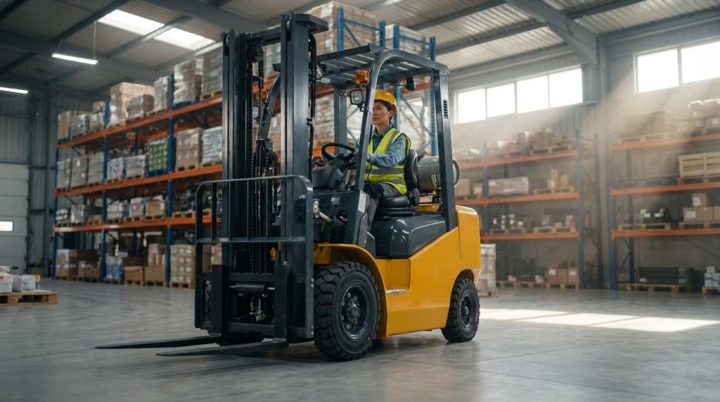 An orange LPG forklift demonstrates its power and stability by safely transporting a heavy, unsecured bundle of long steel pipes across a concrete floor, highlighting its essential role in handling unconventional and heavy industrial materials.