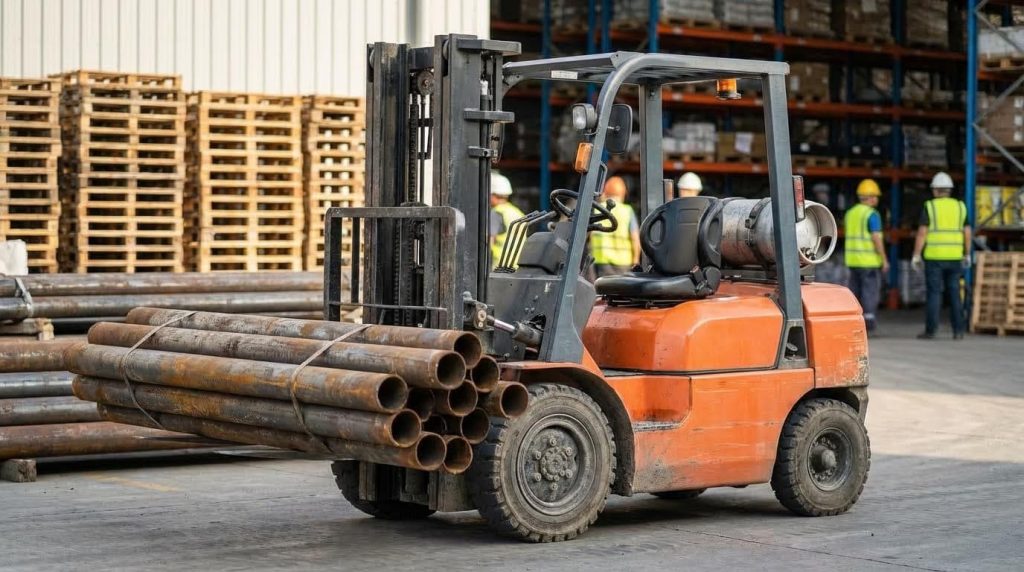 A studio product shot of a modern yellow and black LPG forklift isolated on a clean white background. This three-quarter view highlights its sturdy design, operator cabin, lifting mast, and the silver propane tank mounted on the rear.