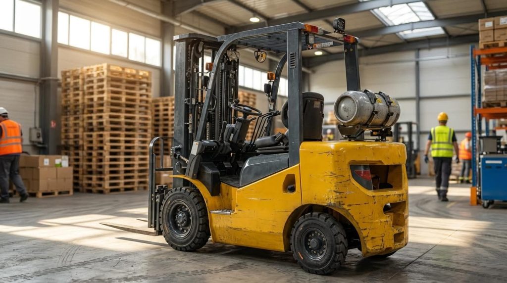 A professional studio photograph of a new orange and black LPG forklift on a plain white background. This side-profile view provides a clear look at its industrial design, dual forks, overhead guard, and the attached LPG fuel cylinder.
