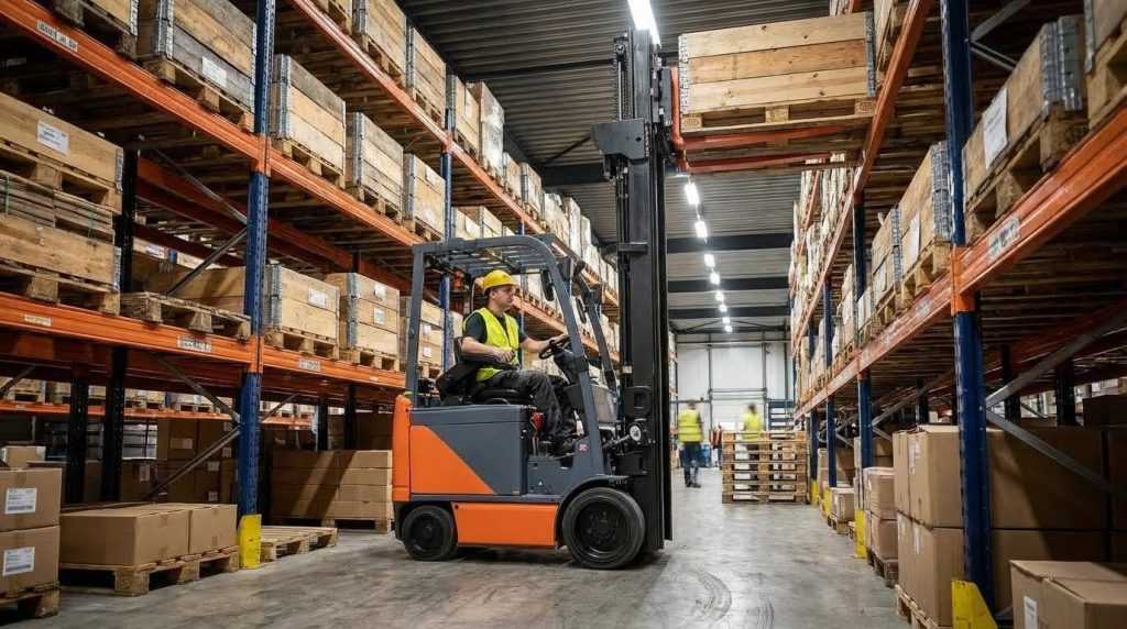 A male operator in a yellow hard hat drives an orange counterbalance forklift, here described as a narrow aisle forklift, down a wide warehouse aisle. The aisle is flanked by tall racks of palletized goods, showcasing general material transport in a large logistics facility.