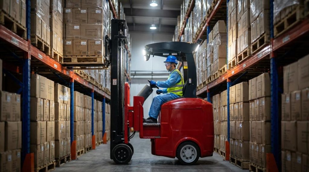 A skilled operator in a blue hard hat is seated sideways on a vibrant red narrow aisle forklift, looking up while navigating a tightly packed corridor. The machine's design is perfectly optimized for maneuvering and stacking inventory in high-density warehouse racking systems.