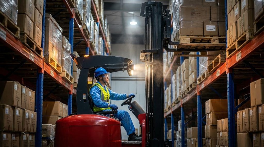 From a side profile, a warehouse professional in a blue hard hat carefully operates a red narrow aisle forklift. He is focused on accurately positioning the forks to retrieve or place a pallet, showcasing the precision required for tasks in confined spaces.