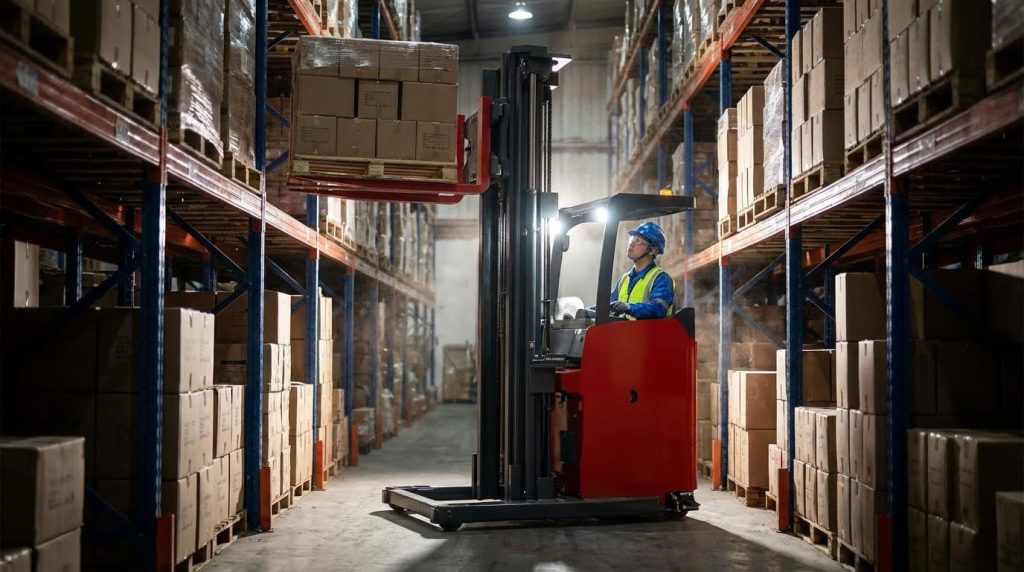 A red narrow aisle forklift, driven by an operator in a blue hard hat, lifts a pallet of boxes high into the air within a very narrow warehouse corridor. A bright light illuminates the scene, emphasizing the machine's impressive vertical reach for high-stacking operations.