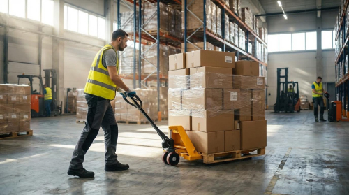 A warehouse worker in a gray t-shirt and yellow-green high-visibility safety vest pulls a yellow manual pallet jack loaded with stacked cardboard boxes on a wooden pallet across the concrete floor. The worker wears dark pants and work gloves. In the background, another worker in similar safety gear can be seen, along with tall warehouse shelving units filled with inventory and a forklift, all illuminated by natural light from large windows.