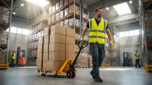 A warehouse worker wearing a bright yellow high-visibility safety vest, gray work pants, and yellow work gloves pulls a yellow manual pallet jack loaded with cardboard boxes stacked on a wooden pallet. He walks confidently across the concrete floor of a large industrial warehouse. In the background, additional workers in safety vests, forklifts, and pallets of goods are visible among rows of tall metal shelving. Natural light streams in through skylights and windows, creating a bright, well-lit working environment.
