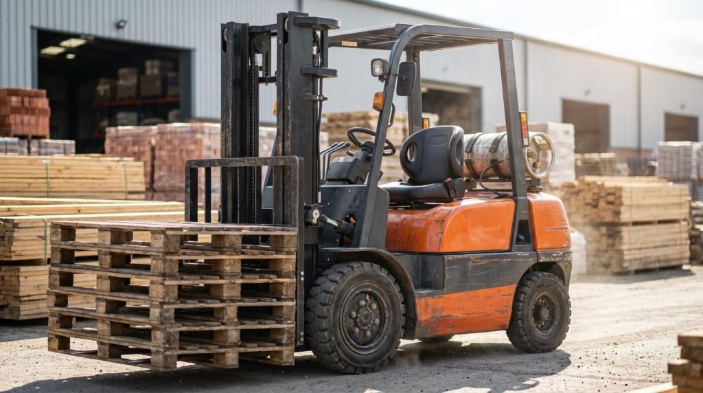 An orange propane forklift is pictured in an outdoor lumber yard on a bright day, carrying a neatly stacked pile of empty wooden pallets. The background shows large stacks of processed lumber and industrial buildings, indicating a busy worksite.