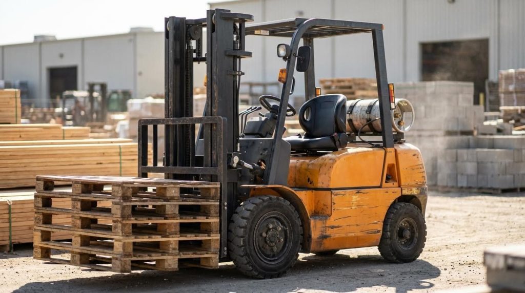 An orange propane forklift is positioned in an outdoor industrial setting, its forks loaded with a short stack of empty wooden pallets. The scene is set against stacks of lumber and building materials, perfect for construction or lumberyard applications.