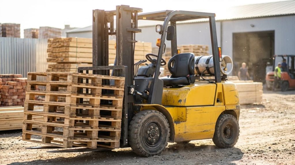 A weathered but reliable yellow propane forklift is at work in an outdoor yard, carrying a stack of wooden pallets. The visible wear on the machine suggests its long service life in a demanding industrial or construction environment.