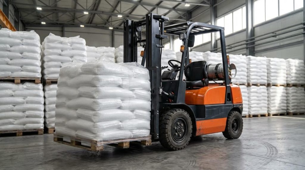 An orange propane forklift is shown inside a clean warehouse, lifting a pallet stacked high with white plastic sacks. The organized storage of similar goods in the background highlights its role in inventory management and bulk material handling.