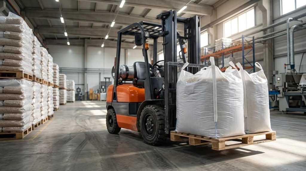 In a brightly lit warehouse, an orange propane forklift carefully lifts a pallet carrying two large white bulk bags. The surrounding aisles are filled with tall stacks of palletized sacks, illustrating its use in the food or chemical industries.