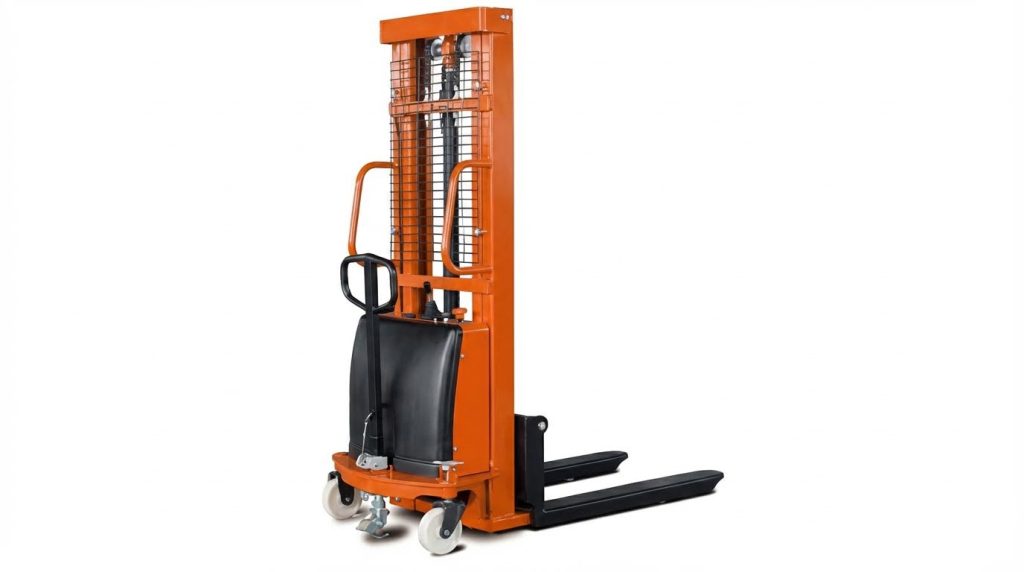A professional studio photograph of a modern orange semi electric forklift, isolated on a white background. This model features an electric lifting mast with a protective screen and is designed for manual pushing, offering an economical solution for stacking pallets.