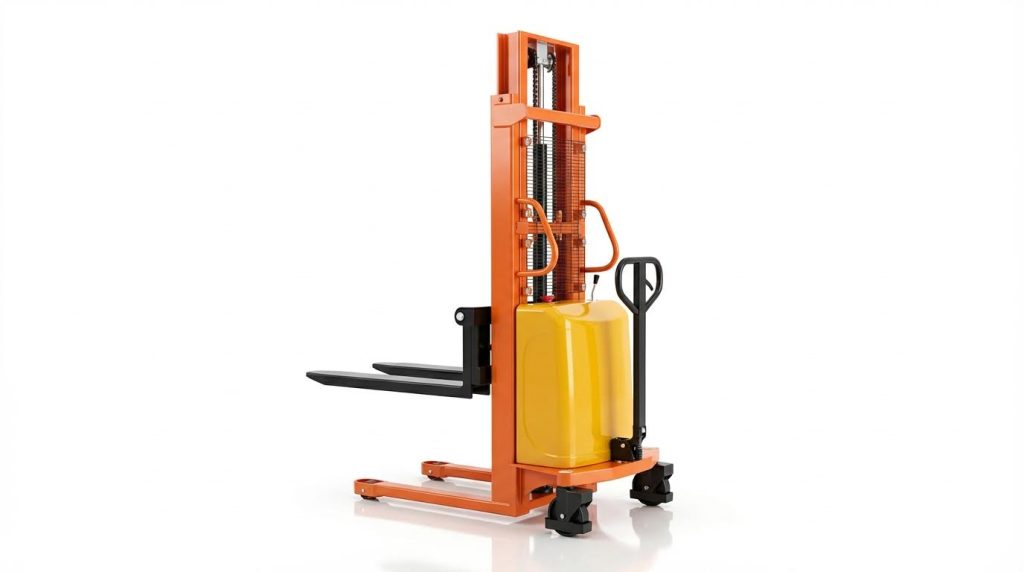This studio image showcases a robust orange semi electric forklift with a yellow motor housing on a clean white background. It features a manual tiller for steering and pushing, combined with a powered lift mechanism for efficient, medium-duty stacking applications.
