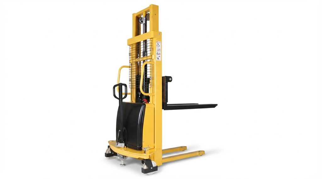 A sleek yellow and black semi electric forklift is displayed on a white background. This compact machine combines manual propulsion with a battery-powered lifting mast, making it an ideal choice for operations in retail backrooms, workshops, and small warehouses.