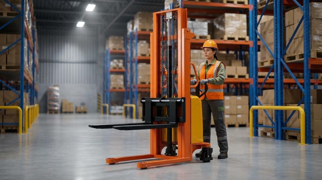 A focused female operator in a hard hat and safety vest stands with an orange semi electric forklift in a large, well-stocked warehouse. The scene illustrates the practical application of this equipment for lifting and positioning pallets within industrial storage aisles.