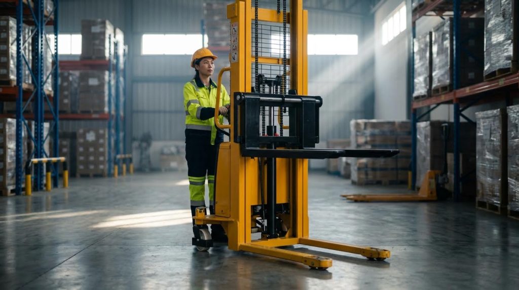 In a sunlit warehouse aisle, a female professional in a high-visibility jacket stands confidently beside a yellow semi electric forklift. The dramatic lighting highlights the machine's clean design and its readiness for operation in a modern logistics environment.