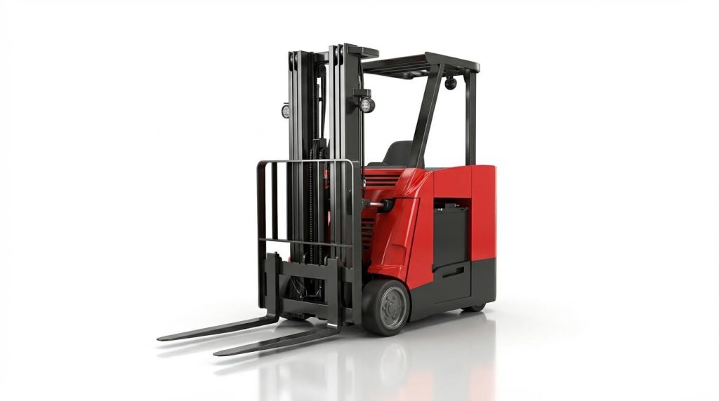 A female operator in an orange hard hat skillfully maneuvers a compact red stand-up forklift down a narrow warehouse aisle. The machine's design is ideal for navigating tight spaces between tall, well-stocked industrial shelving units in a busy logistics center.