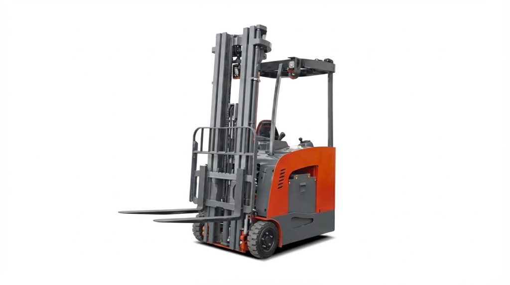 A male warehouse worker in a safety vest and hard hat operates an orange stand-up forklift on a polished concrete floor. He is positioned at the controls, carefully guiding the vehicle through a spacious and brightly lit distribution facility.