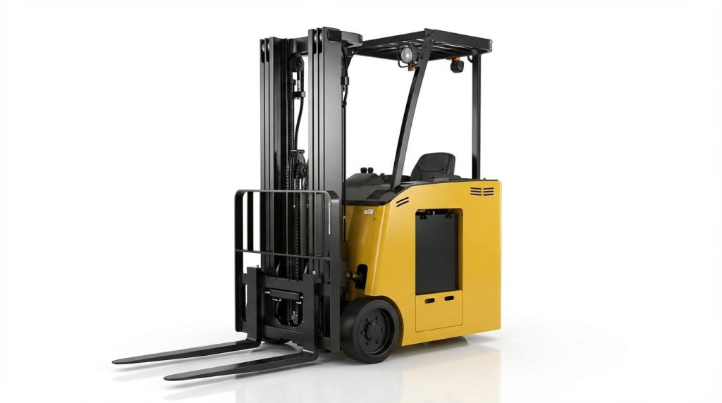 A professional forklift operator glances over his shoulder while driving an orange stand-up forklift in a large warehouse. This action highlights the excellent visibility and maneuverability of the machine, which is essential for safely navigating busy and confined environments.
