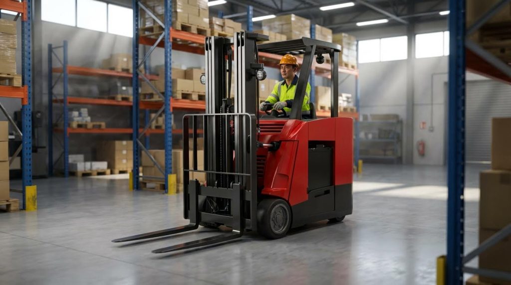 A focused female operator in a hard hat and safety vest drives a yellow and black stand-up forklift through a mixed-use industrial space. The machine's compact footprint and responsive controls are demonstrated as she navigates past workbenches and storage racks.