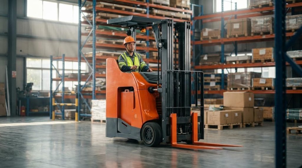 A professional studio photograph of a modern red and black stand-up forklift isolated on a pure white background. This clear, three-quarter view showcases the machine's sleek design, multi-stage mast, dual forks, and the ergonomic operator compartment.