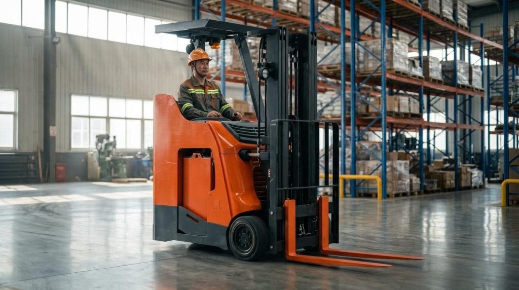 A high-quality image of a red and grey stand-up forklift on a reflective white surface. This side-view studio shot emphasizes its compact, space-saving design, overhead guard, and specialized wheels, which are engineered for maximum agility in tight warehouse aisles.