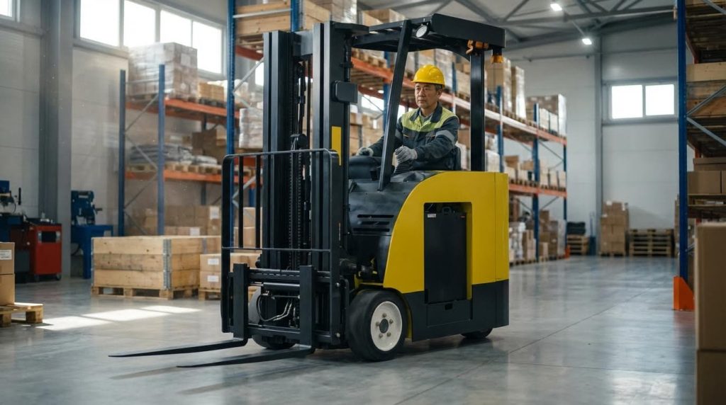 A clean studio shot of a yellow and black stand-up forklift against a white background. The image provides a detailed front view of the vehicle's robust construction, including the lifting mast, forks, and the standing operator's cabin with controls.