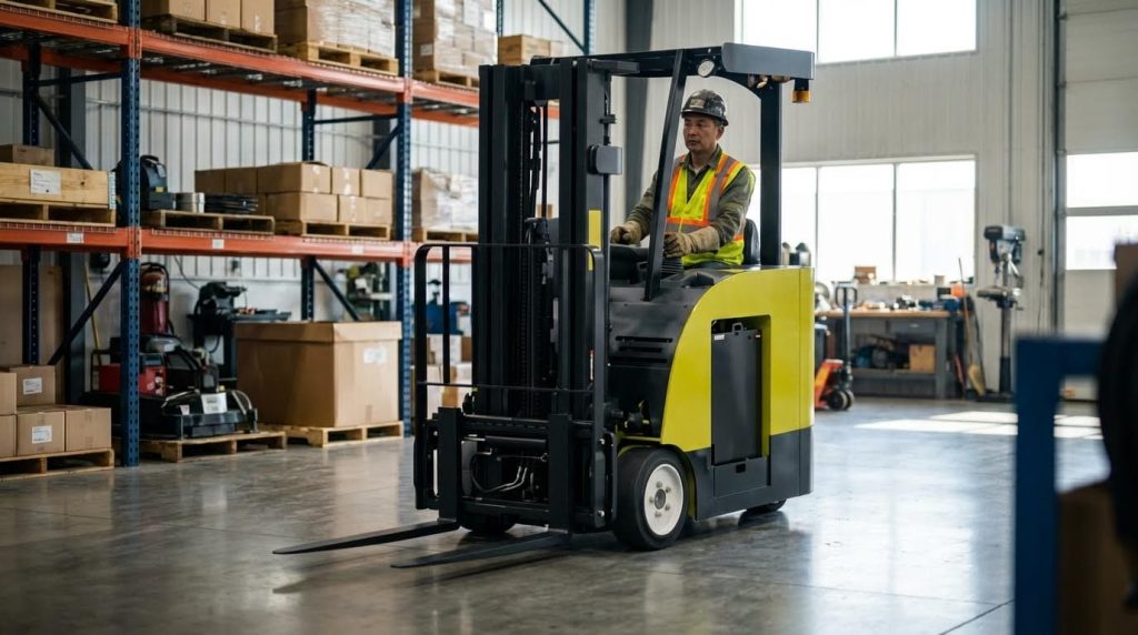 A female operator pilots a red stand-up forklift through a warehouse aisle illuminated by dramatic shafts of sunlight. The scene captures the machine in a realistic work environment, emphasizing its role in efficiently moving goods within a large-scale storage facility.