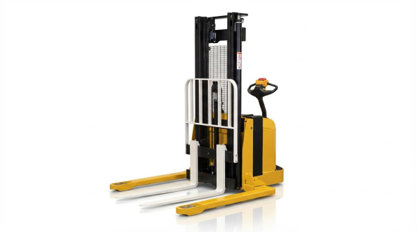 A modern yellow and black electric straddle stacker is shown on a white background. This three-quarter view highlights its high-reach mast, protective white load backrest, and ergonomic tiller arm, making it ideal for efficient pallet stacking in narrow warehouse aisles.
