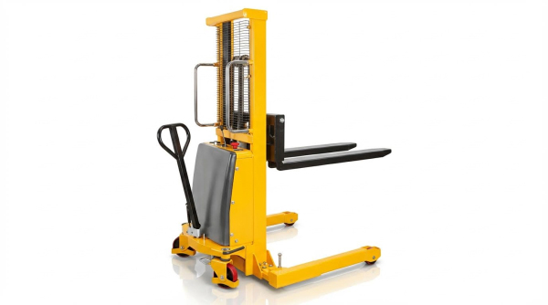 A yellow walkie straddle stacker is displayed on a clean white background. This pedestrian-operated model features a long tiller handle for easy steering and control, offering a safe and efficient solution for medium-duty stacking tasks in logistics and distribution centers.