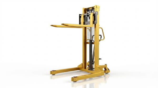 A yellow manual straddle stacker is presented on a white studio background. This model features a hydraulic pump lever for manual lifting and straddle legs for stability. It represents a cost-effective and reliable solution for occasional light-duty pallet lifting and positioning.