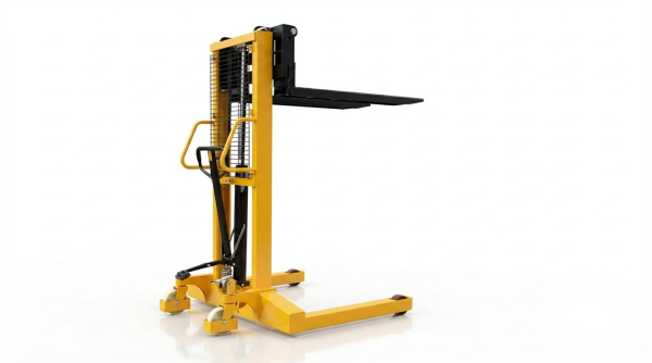 This image showcases a robust manual hydraulic straddle stacker with black forks against a white background. The simple yet effective design, including the manual pump handle and straddle leg configuration, is perfect for workshops and small-scale warehouse operations requiring infrequent stacking.