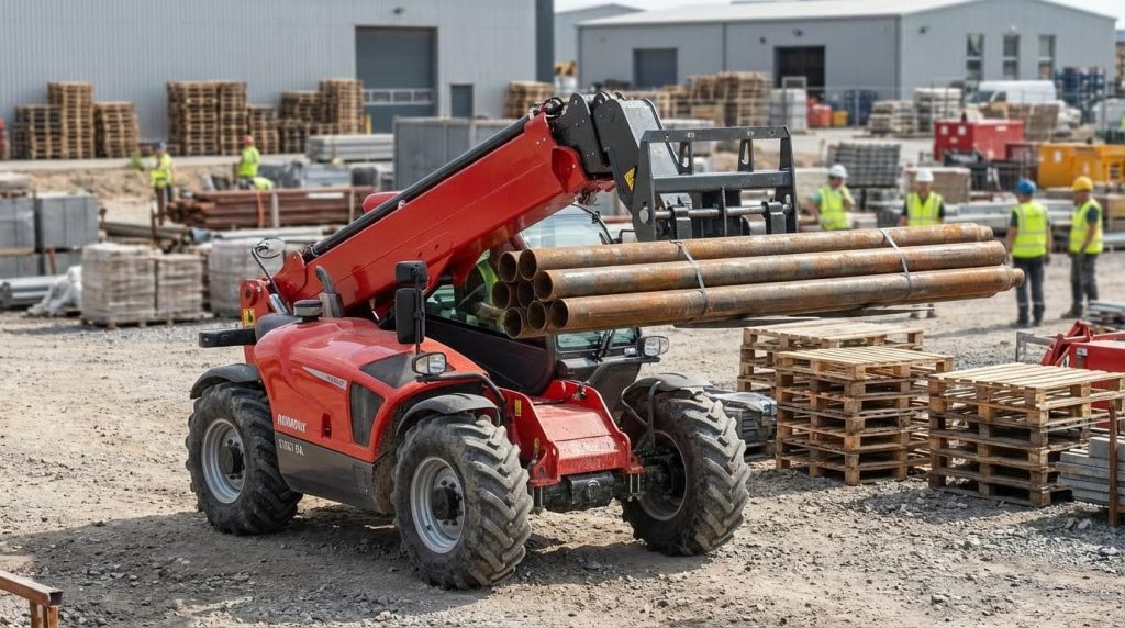 A red telehandler forklift with its telescopic boom extended safely carries a heavy load of metal pipes at a construction site. This versatile machine is essential for moving long and awkward materials around a large, active building project with other workers nearby.
