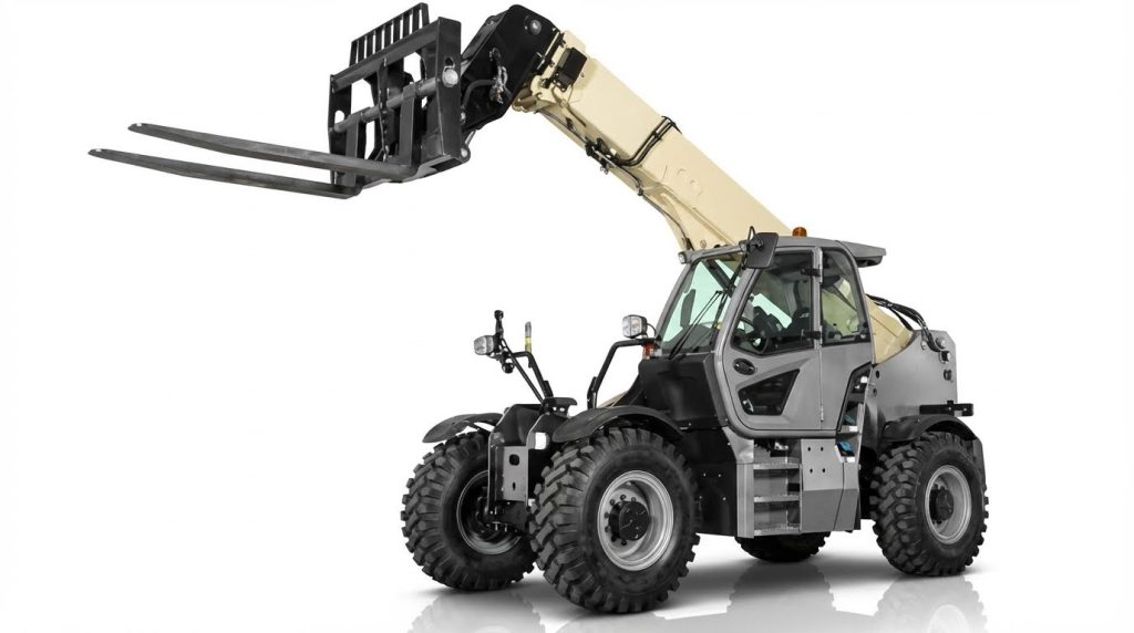 A high-quality studio shot of a grey and beige telehandler forklift against a white background. Its telescopic boom is raised and extended at an angle, clearly demonstrating the machine's impressive reach and lifting capabilities for high-level placement tasks.