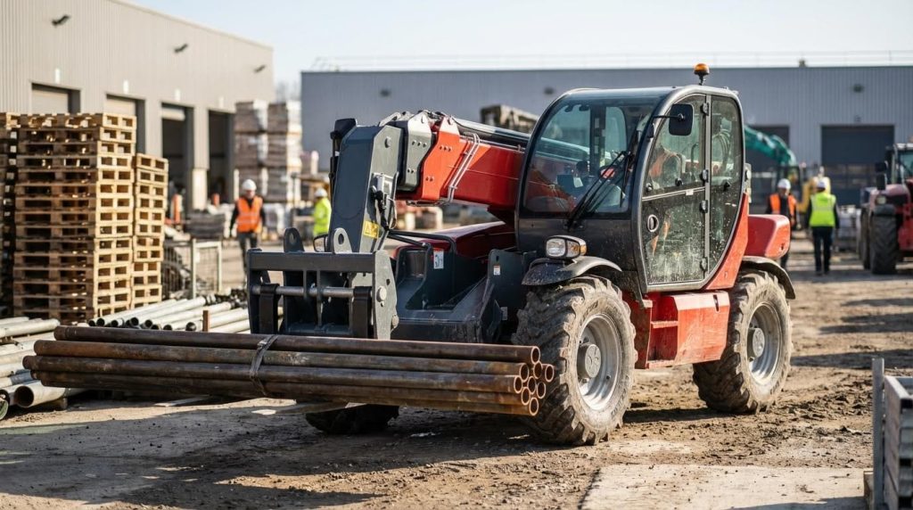 In a bustling industrial yard, a powerful red and grey telehandler forklift carefully maneuvers with a substantial load of heavy steel pipes on its forks, showcasing its stability and strength for demanding material handling tasks in an outdoor setting.
